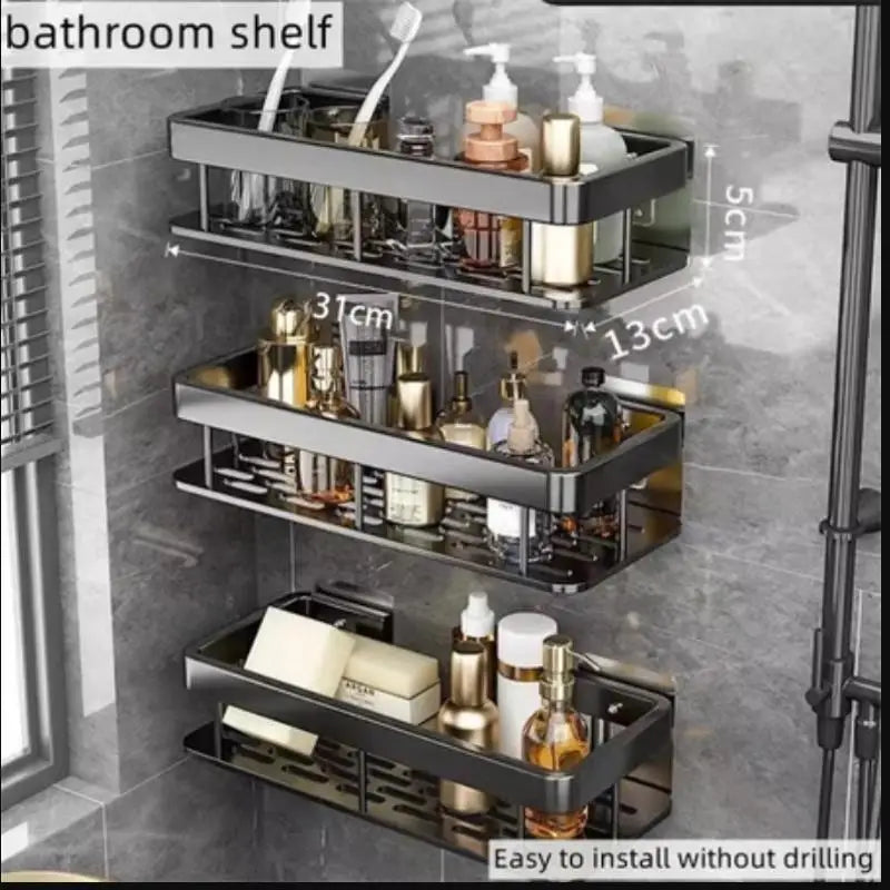 Corner Shelf Wall Soap Holder Bathroom Organizer Rack Punch-free Qme Black A 3pcs Alloy