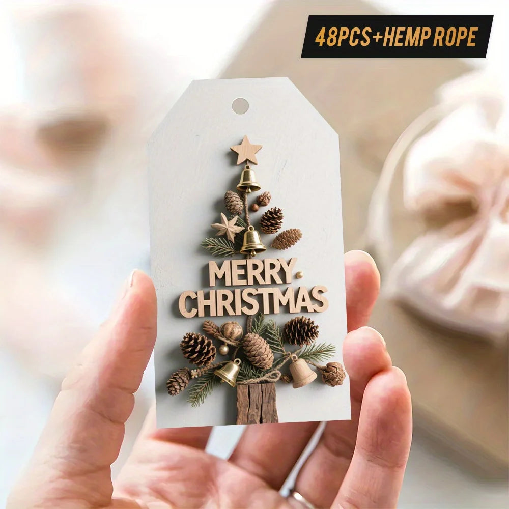 48pcs Vintage Christmas Gift Tags with Hemp Rope Classic Holiday Tags Tree Decorations Presents Packaging Label Party Decoration Qme