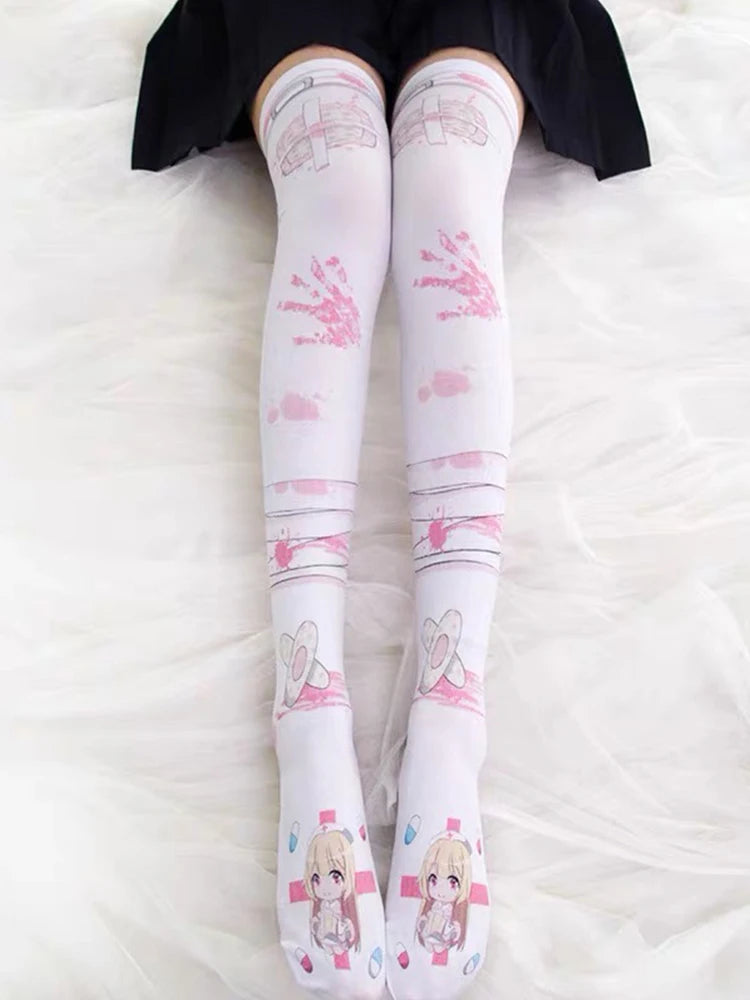 Funny Alice Striped Fashion Print Lolita JK Cute Girl Over Knee Qme