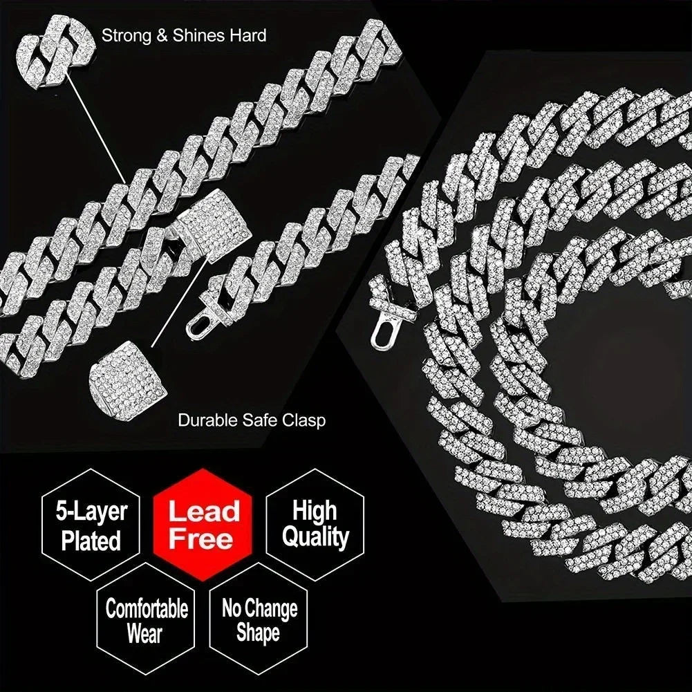 Heavy Bling All Crystal Paved Dial Gold Plated Men Wrist Watch Matching Iced Wide Cuban Chain Jewelry Gift For Rappers Night Par Qme