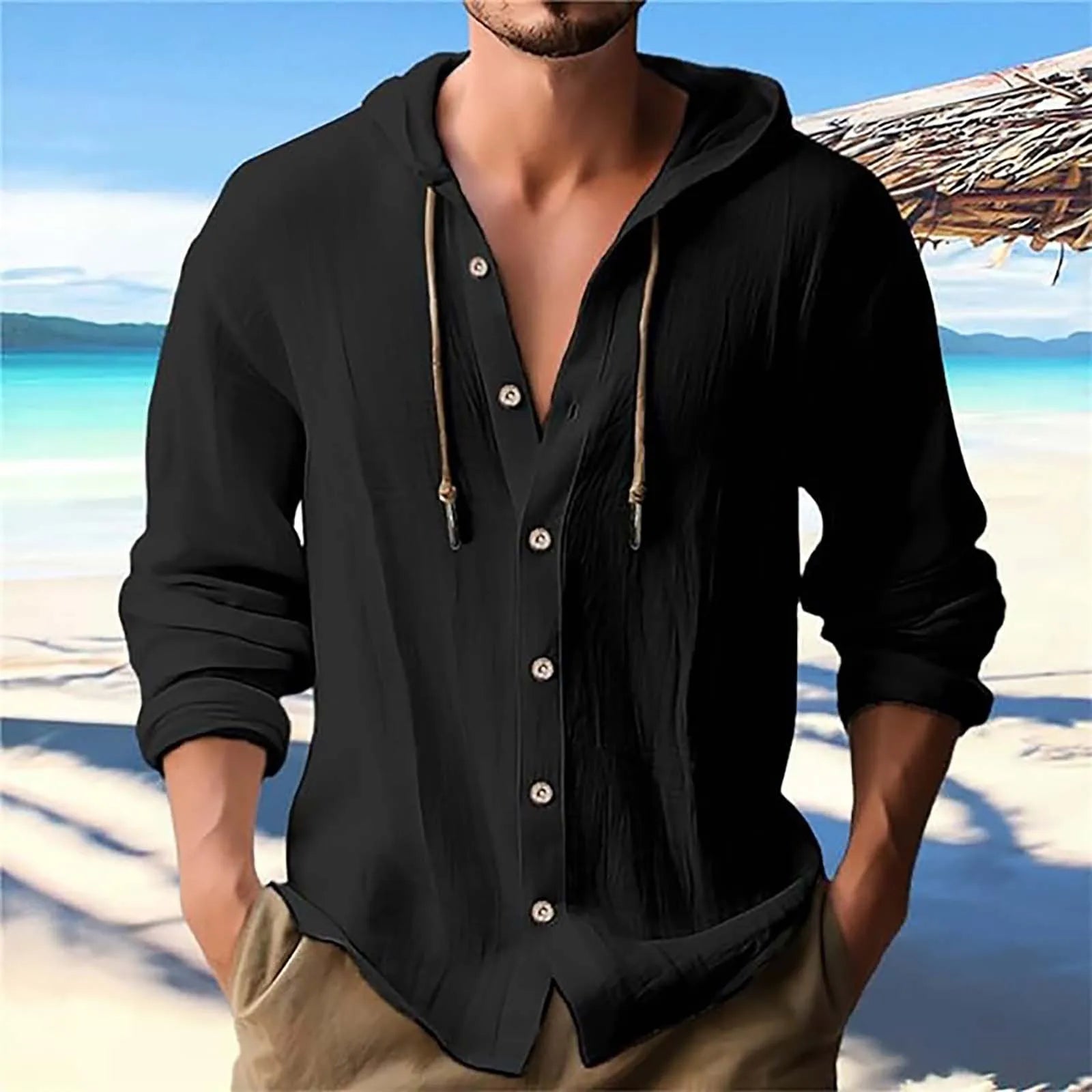 Men's Solid Color Casual Long Sleeved Shirt With Hood And Drawstring Cotton And Linen Cardigan Fashionable Daily Versatile Top Qme Black L