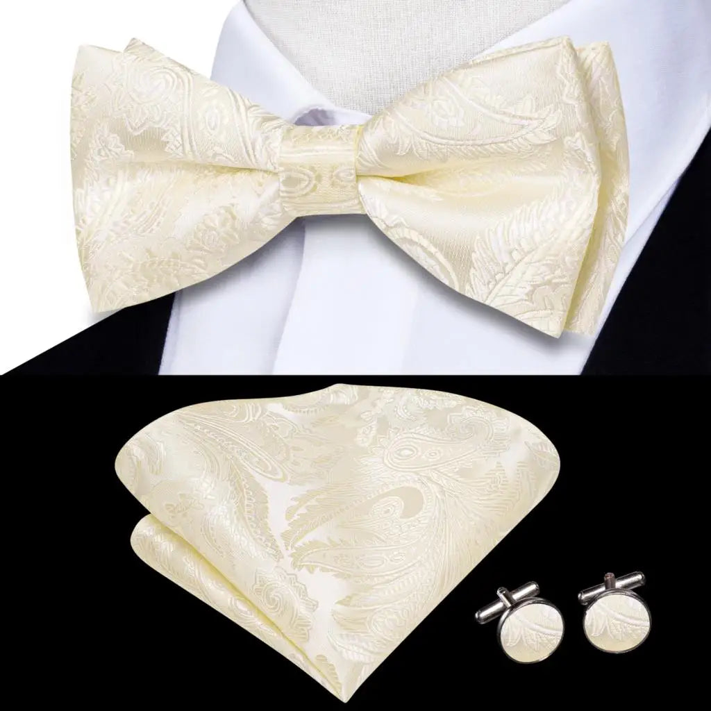 Beige Champagne Gold Mens Bow Tie Hanky Cufflinks Set Jacquard Floral Pre Tied Butterfly Bowtie for Male Wedding silk Business Qme LDLH0579