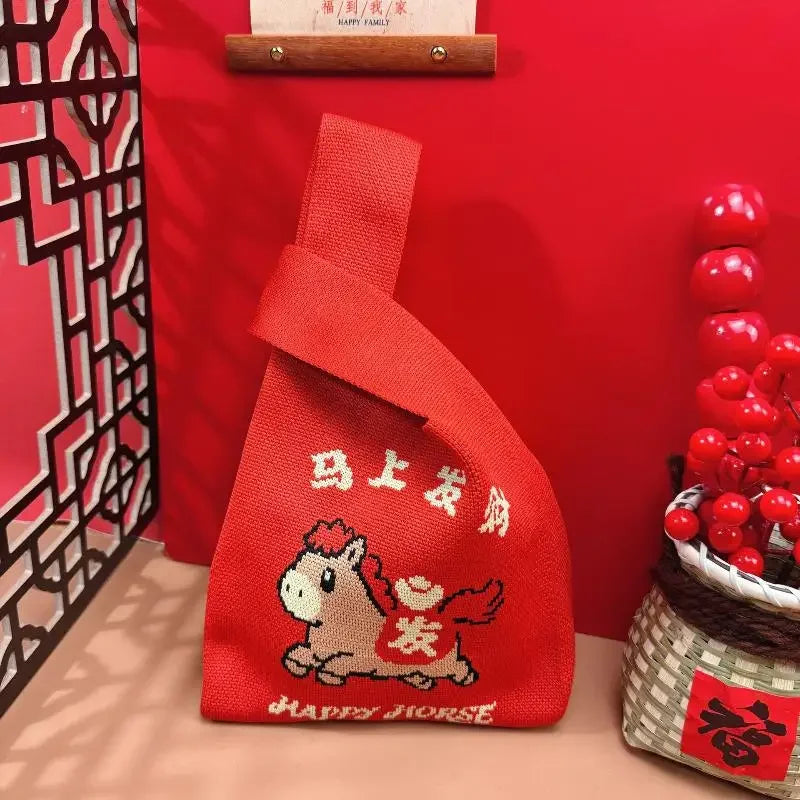 2026 Horse Year Cartoon Mascot Pony Knitted Bucket Bag Women Fashion