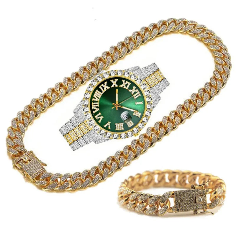 3-piece set hip-hop watch set with rhinestone bracelet and necklace, quartz Qme