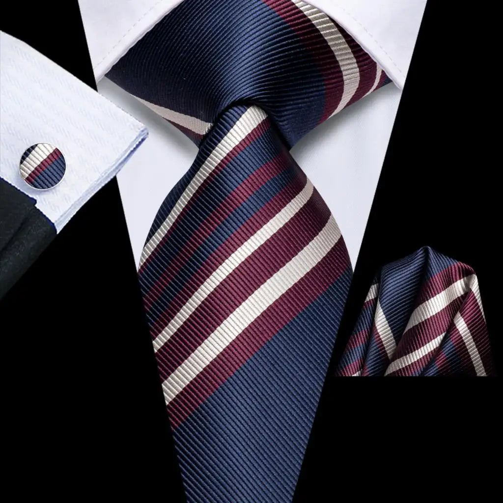 Hi-Tie Striped Navy Blue Mens Fashion Necktie Handkerchief Cufflinks for Tuxedo Accessory Classic Silk Luxury Tie for Man Gift Qme SN-3761
