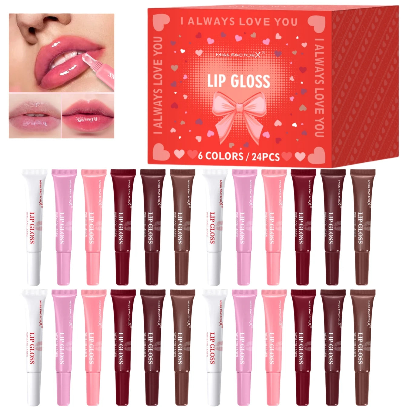 Premium gift set 24PCS/box Lip gloss set Long-lasting moisturizing Lip color modification Perfect gift for women Valentine’s Day Qme Lip gloss set 24 pcs