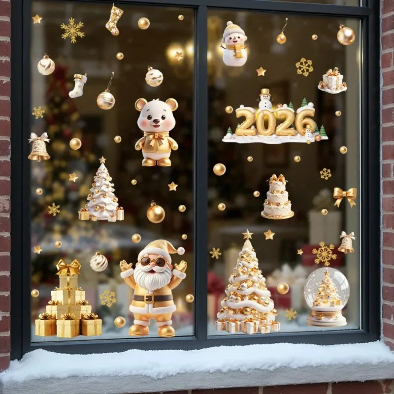 Golden Santa Snowman Window Stickers Reusable Static Cling Decals Qme