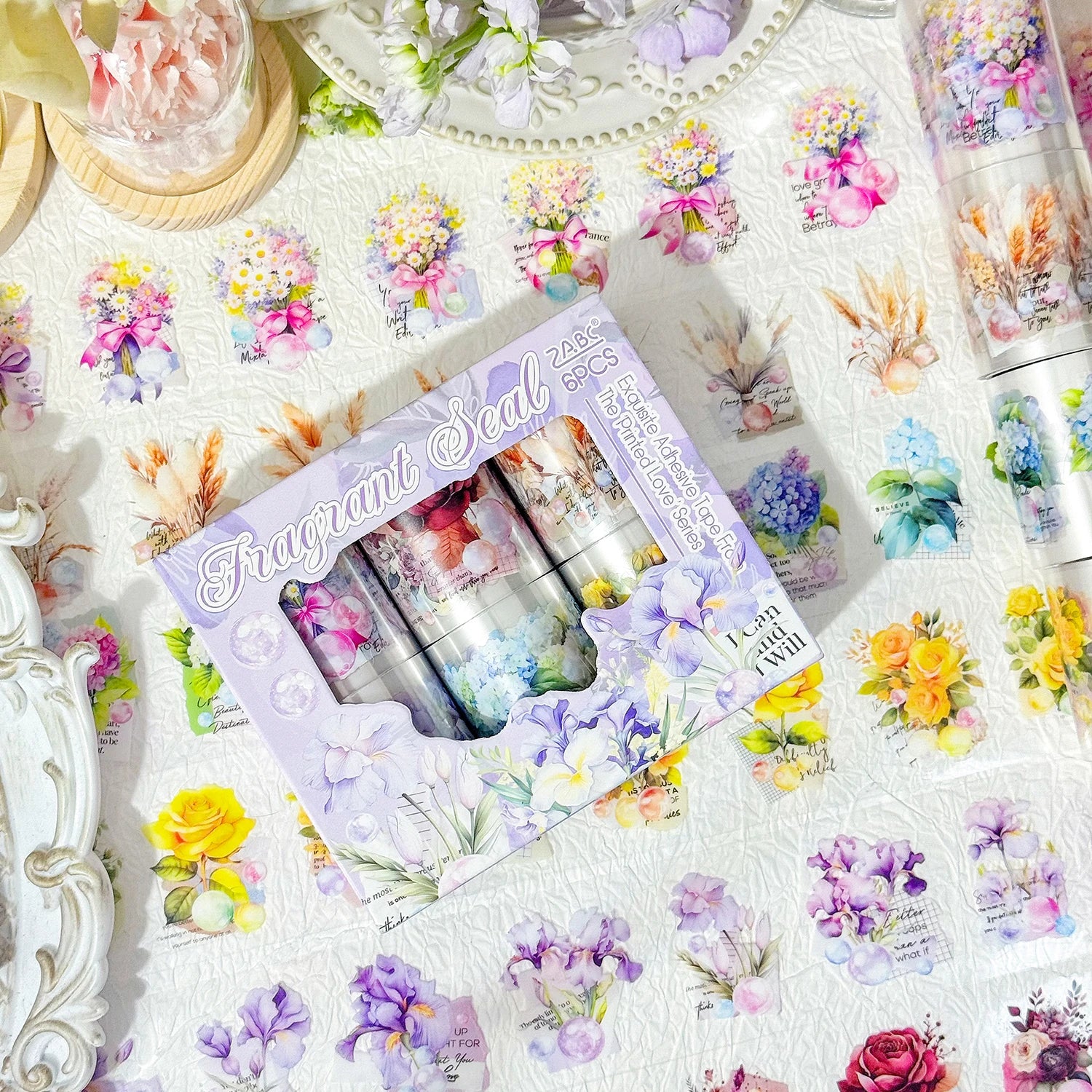 6 Rolls Laser Bright Flowers pattern PET Die cutting Tape Set Decorative Journal Scrapbooking Stickers Masking Tape Stationery Qme