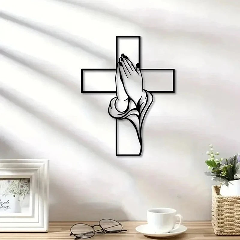 1PC Cross Art, Modern Religious Metal Wall Decor, Praying Hands Design, Easy To Hang, Perfect For Living Room And New Home Gifts Qme 2