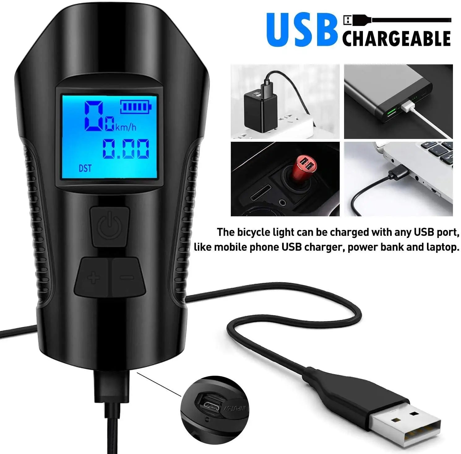 Bike Light Set,Bicycle Headlight with Horn and Speedometer Odometer,USB Rechargeable Bike Front Light and Tail Light Qme