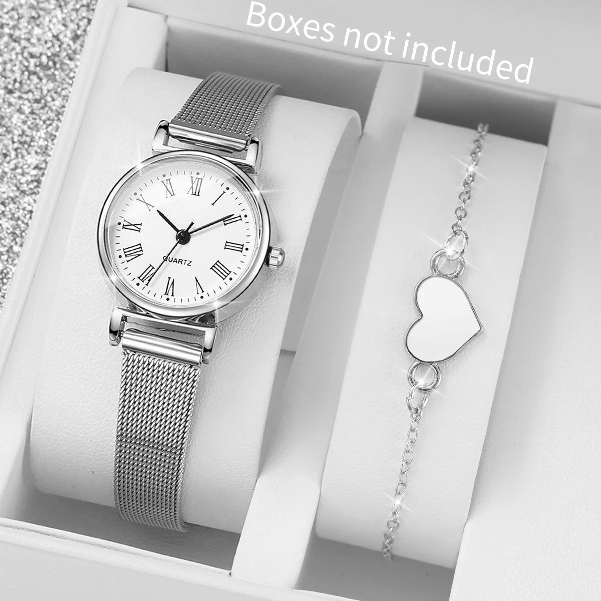 Silver mesh with Roman dial couple watch black and white dial heart thin bracelet set, four pieces, not including gift box Qme 2PCS White No Box