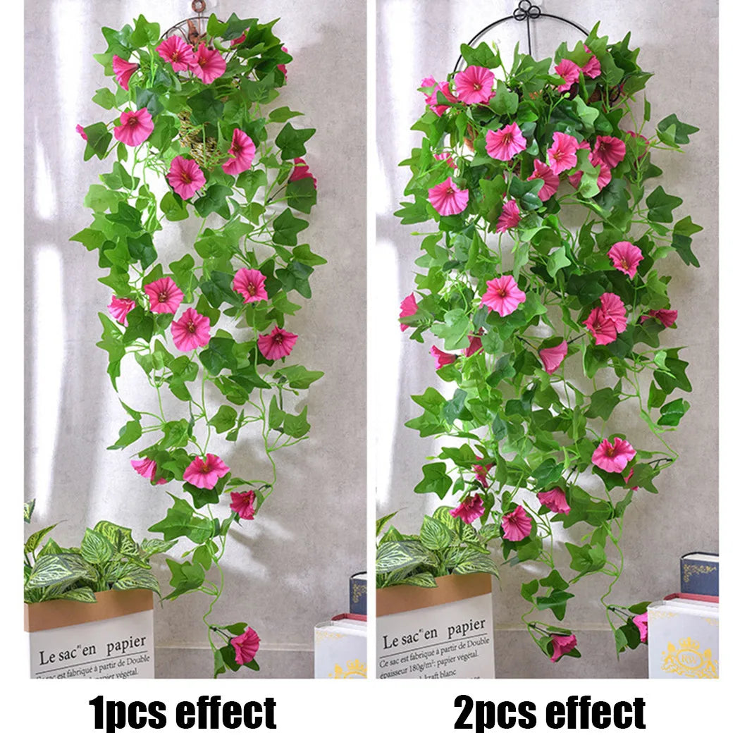 1PCS Hanging Artificial Fake Hanging Silk Flowers Vines Plants Garden Decor Indoor Outdoor Wedding Party Wall Balcony Decor Qme Morning glory Rose