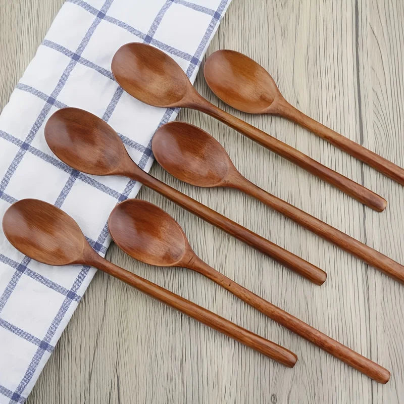 6pcs Multifunctional Handle Wooden Spoon Set, Soup Ladle, Dessert Spoon, Coffee Spoon, Stirring Spoon, Qme