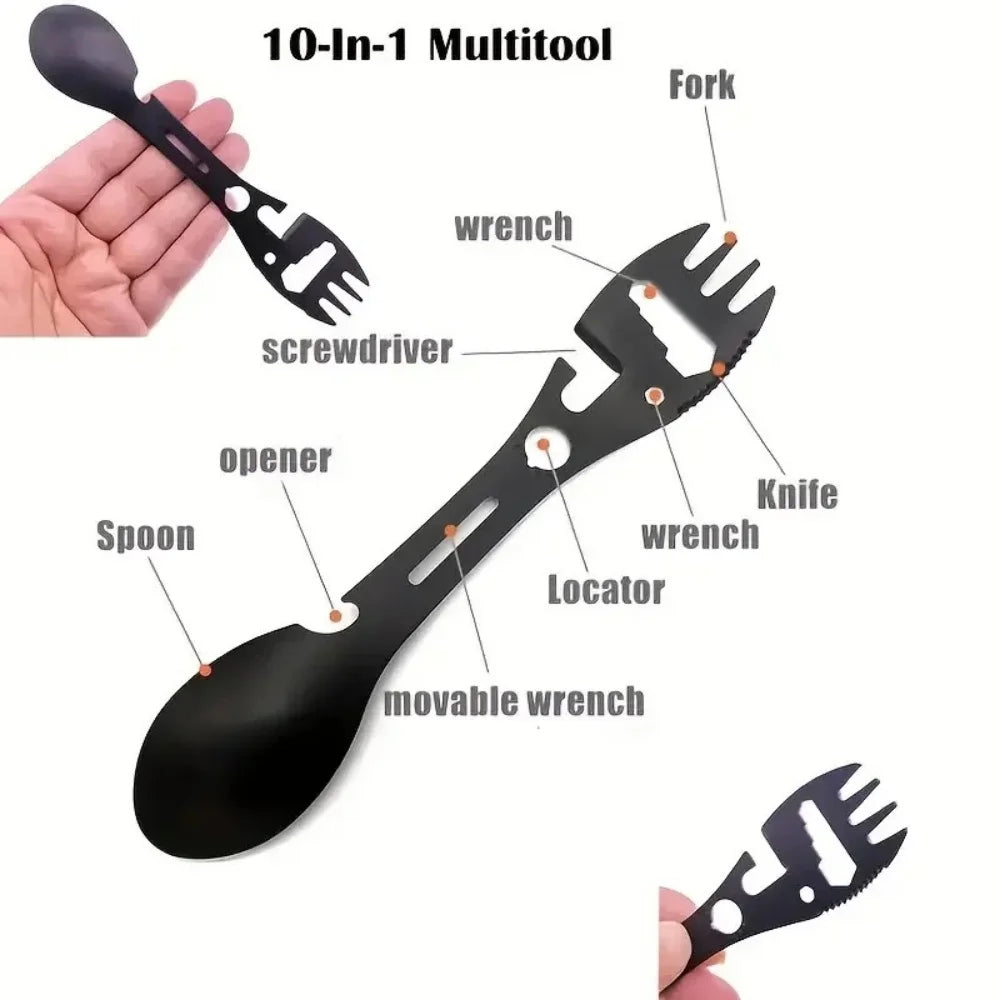 Multifunctional Outdoor Spoon Fork Tool 10 in 1 Survival Kit with Wrench Saw Edge Practical Fork Knife Spoon Bottle/Can Opener Qme