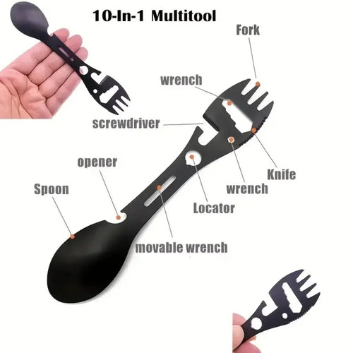 Multifunctional Outdoor Spoon Fork Tool 10 in 1 Survival Kit with Wrench Saw Edge Practical Fork Knife Spoon Bottle/Can Opener Qme