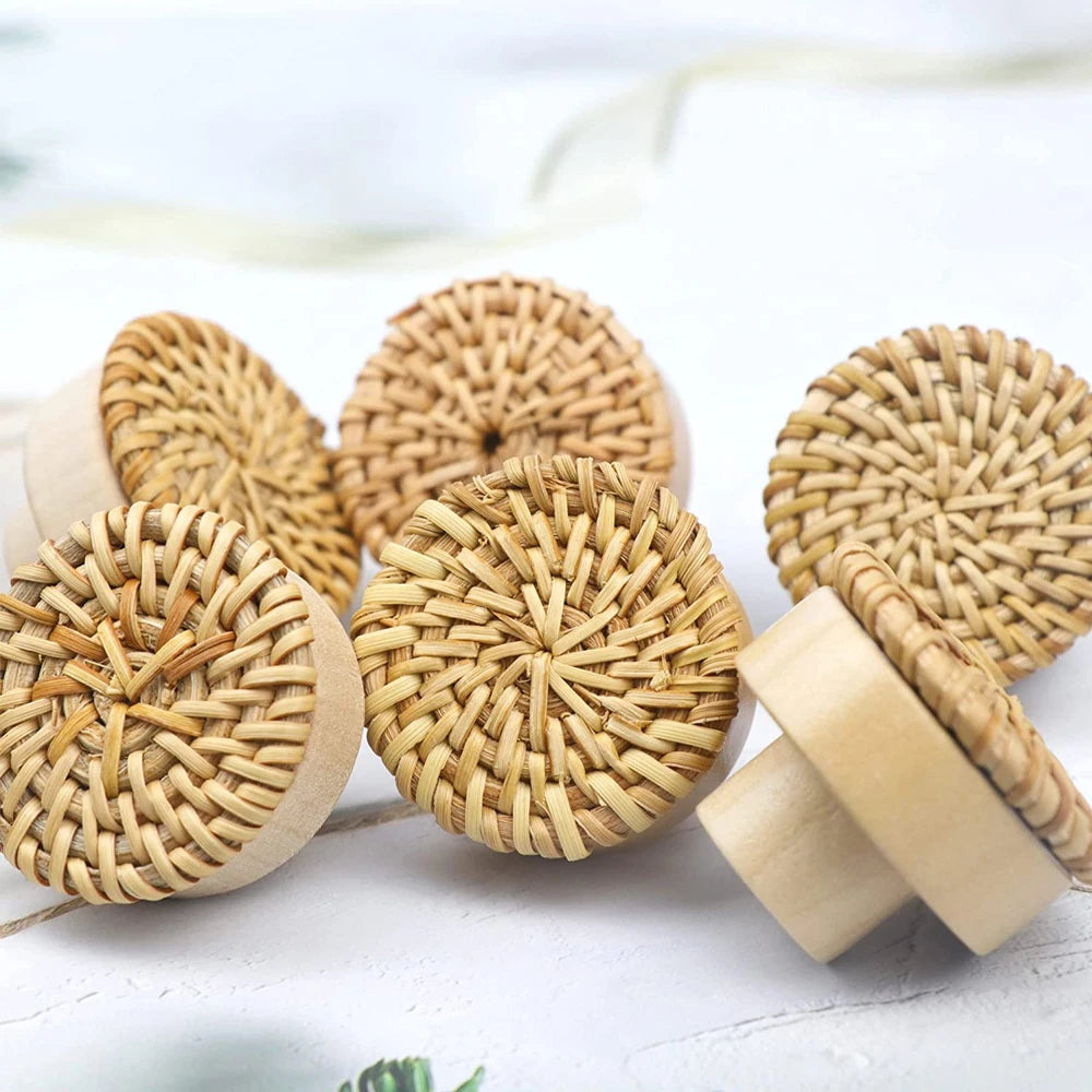 Rattan Wooden Drawer Knobs Round Handmade Cabinets Dresser Handles Wood Kitchen Cupboard Wardrobe Door Pulls for Furniture Qme