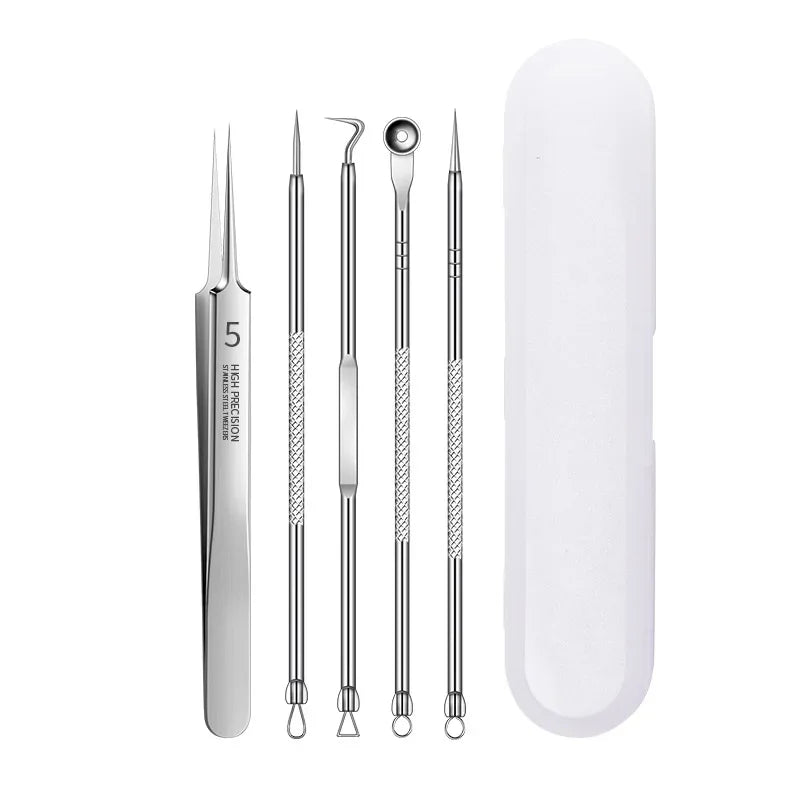 Ultra-fine Acne Pimples Blackhead Clip Tweezers Beauty Face Skin Care Cleaning Blackhead Remover Kit Acne Needle Hook Tool Qme Straight 5PCS
