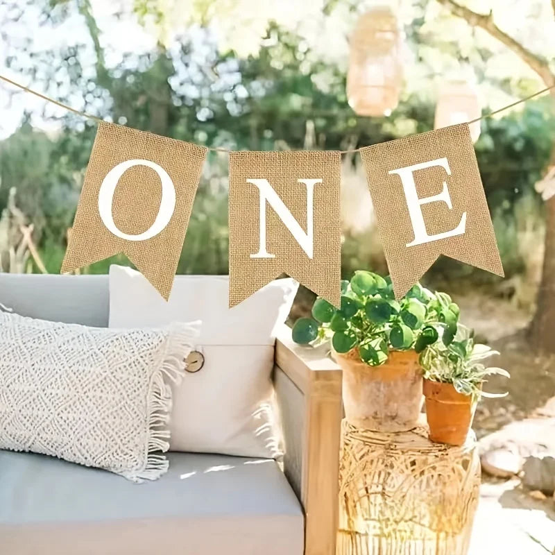 ONE Linen Decoration Banner Swallowtail Flag Year Birthday Pulling Qme