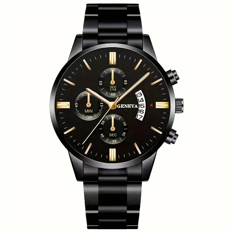 Vintage Quartz Men's Watch with Calendar - Elegant Stainless Steel Timepiece, Perfect Gift Qme Steel Belt Black