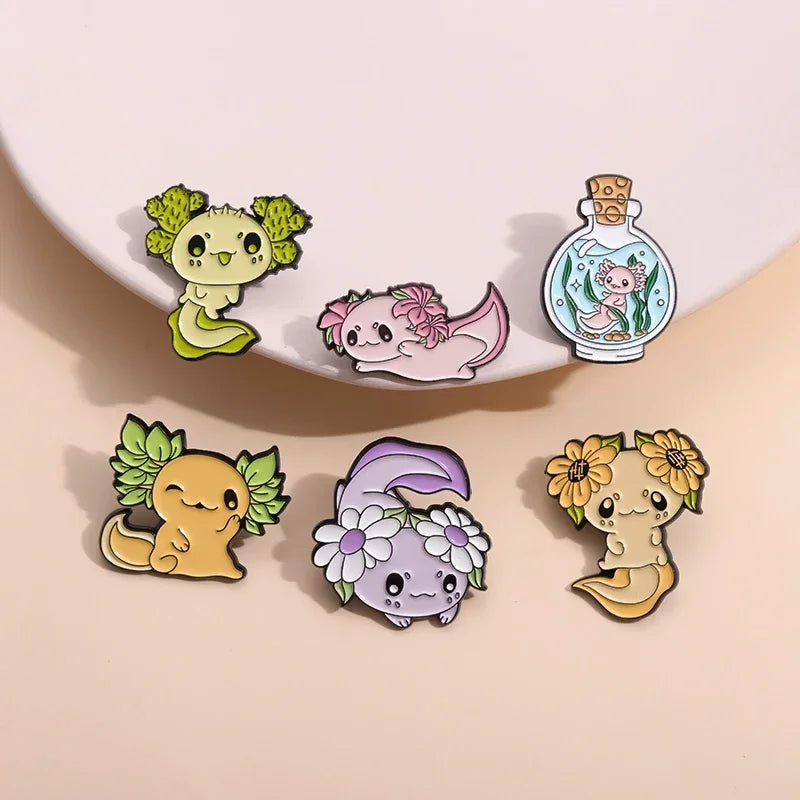 Cute Ocean Creatures Brooch Enamel Pins Cartoon Kawaii Axolotl Lapel Metal Badge Brooches for Backpack Jewelry Gift Qme