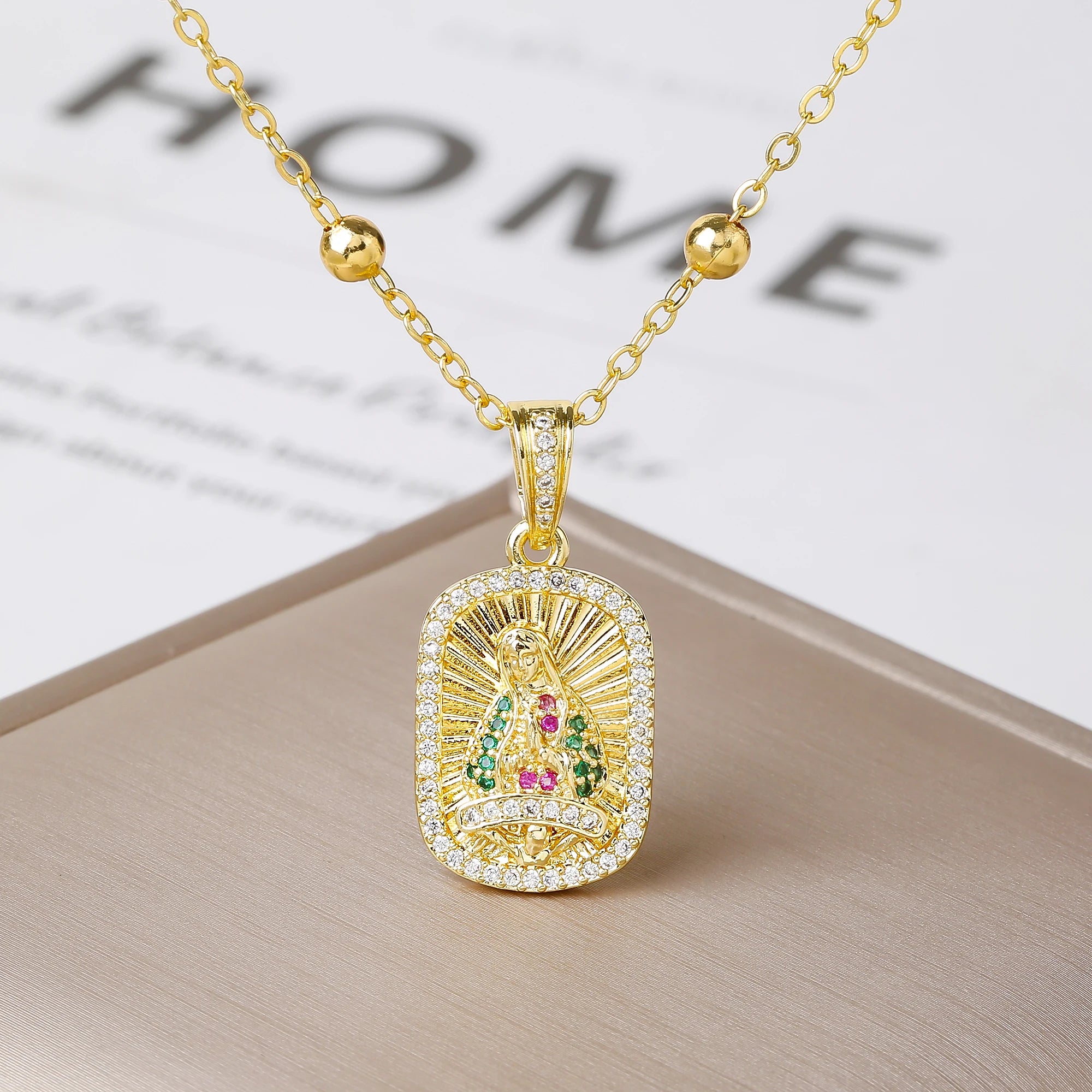 Multicolor Zirconia Oval Rectangle Virgen De Guadalupe Pendant Necklace Catholic Amulet Jewelry For Women Daily Baptism Gift Qme 6