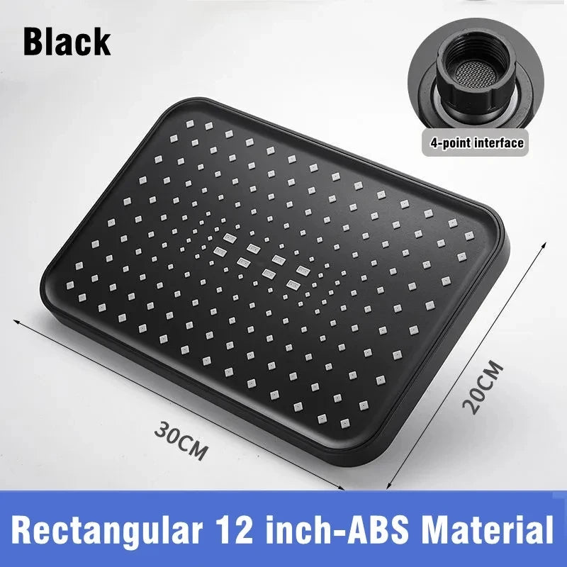 New 12 Inch High Pressure Top Spray Rain Shower Head Larger Flow Supercharge Rainfall Showerhead 360° Swivel Water Saving Qme Rectangular Black