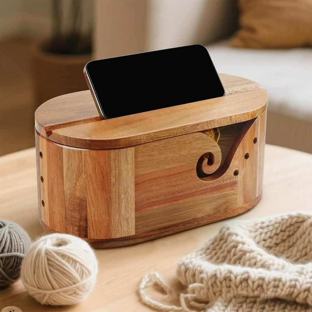 Yarn Bowl Knitting Wooden Lidded Thread Storage Double Curling Holder Qme