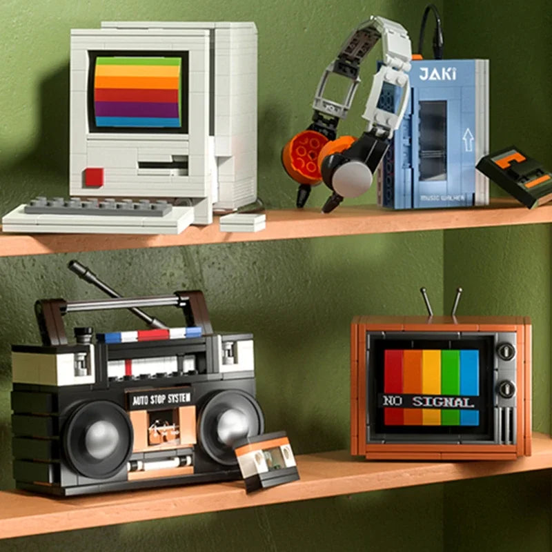 DIY Retro Electrical Appliances Furniture TV Computer Tape Walkman Play Game Consoles Radio Building Blocks Model Brick Set Toys Qme