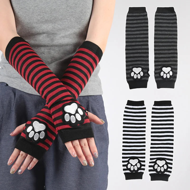 Unisex Black Fingerless Gloves Y2K Gothic Lolita Arm Cover Cute Cat Qme