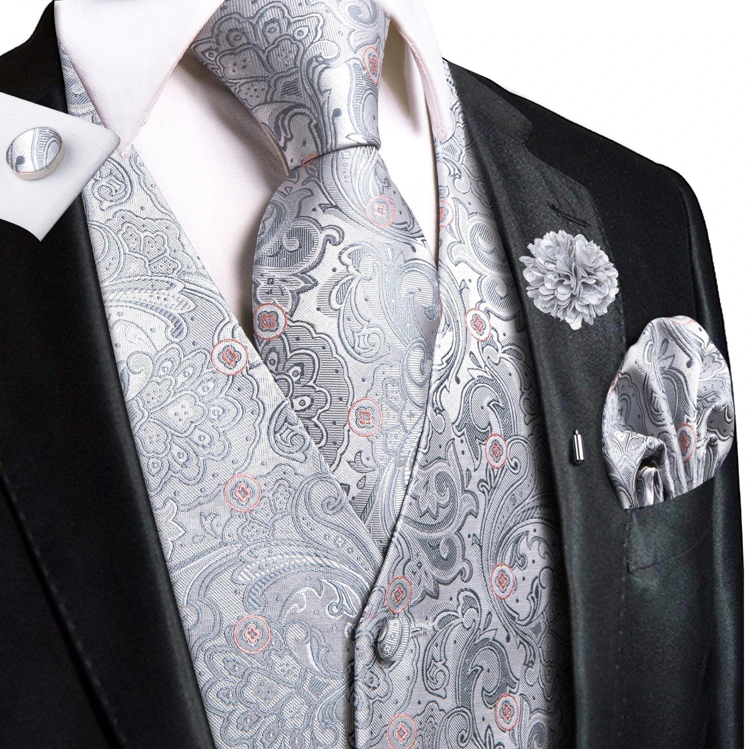 Mens Vests Jacquard Waistcoat Neck Tie Hanky Cufflinks Brooch Men Qme