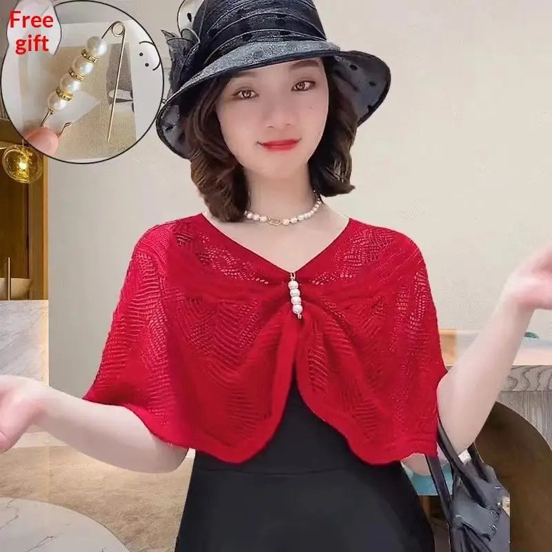 Fashion Knitted Shawl Brooch Hollow Out Summer Air Conditioning Fake Qme Red