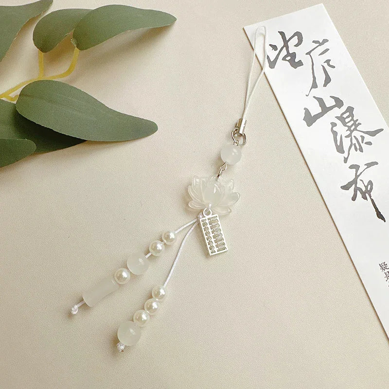 Lotus Flower Pendant Keychain Phone Chain Beads Decoration Chinese Qme