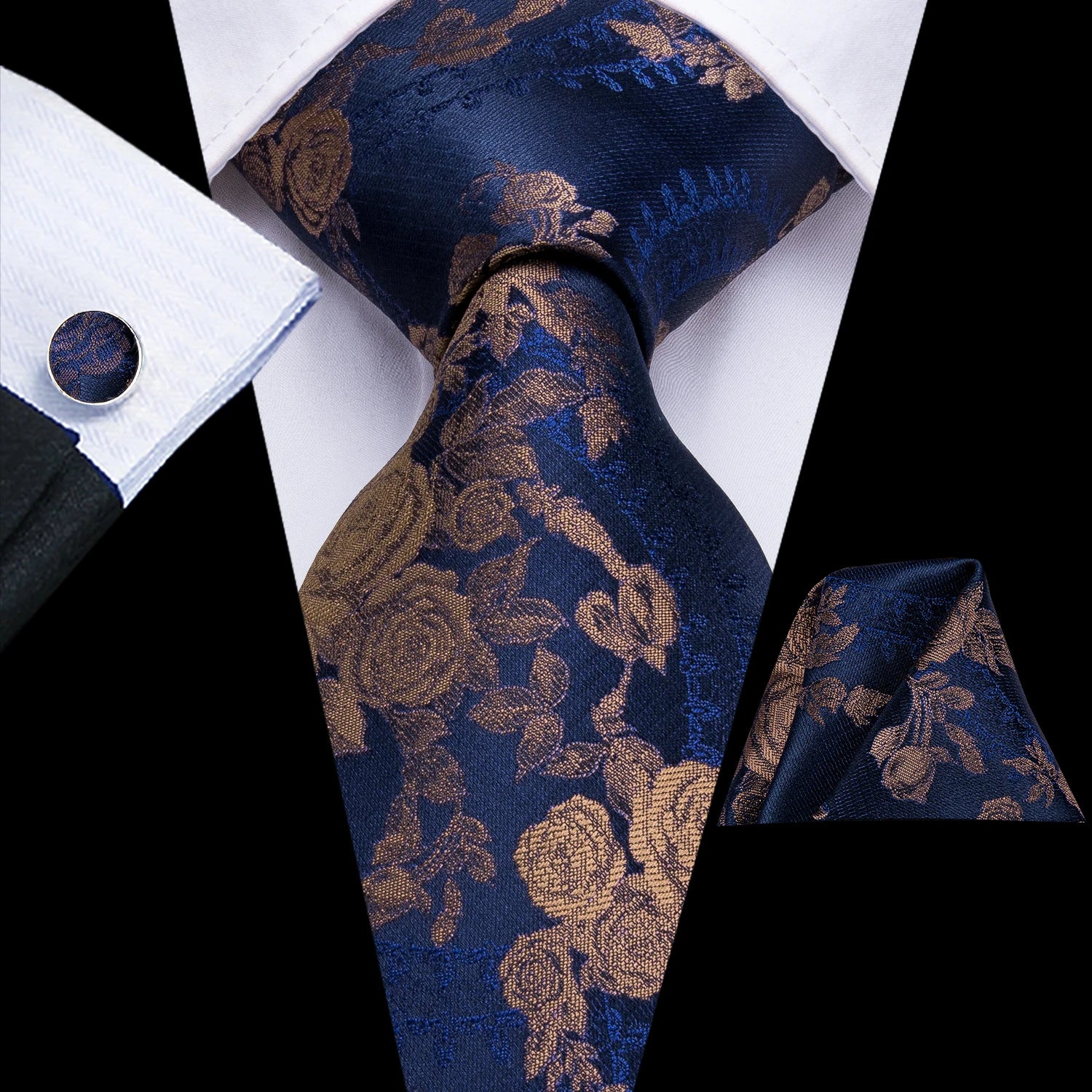 Hi-tie Navy Blue Floral Striped Silk Elegant Tie Men Groom Wedding