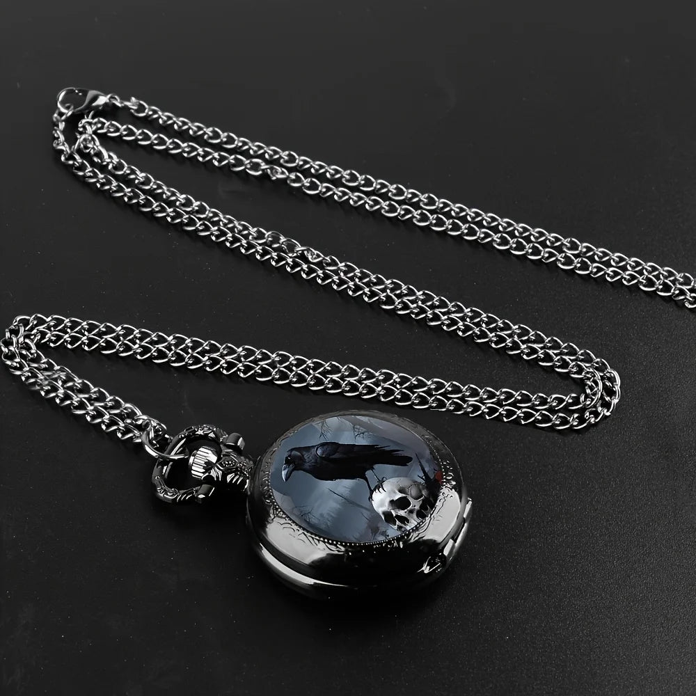 Vintage Gothic Crow & Skull Pattern Design,with Black Chain, Quartz Movement, Mini Size Retro Pocket for Halloween Gift Qme
