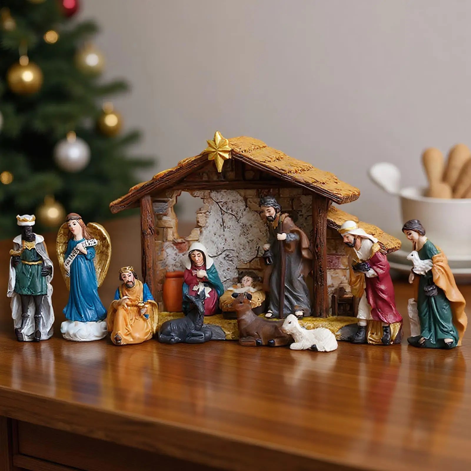 Nativity Set Resin Christmas Manger Religious Christmas Manger Nativity Figurine Set for Bookshelf Entryway Fireplace Windowsill Qme