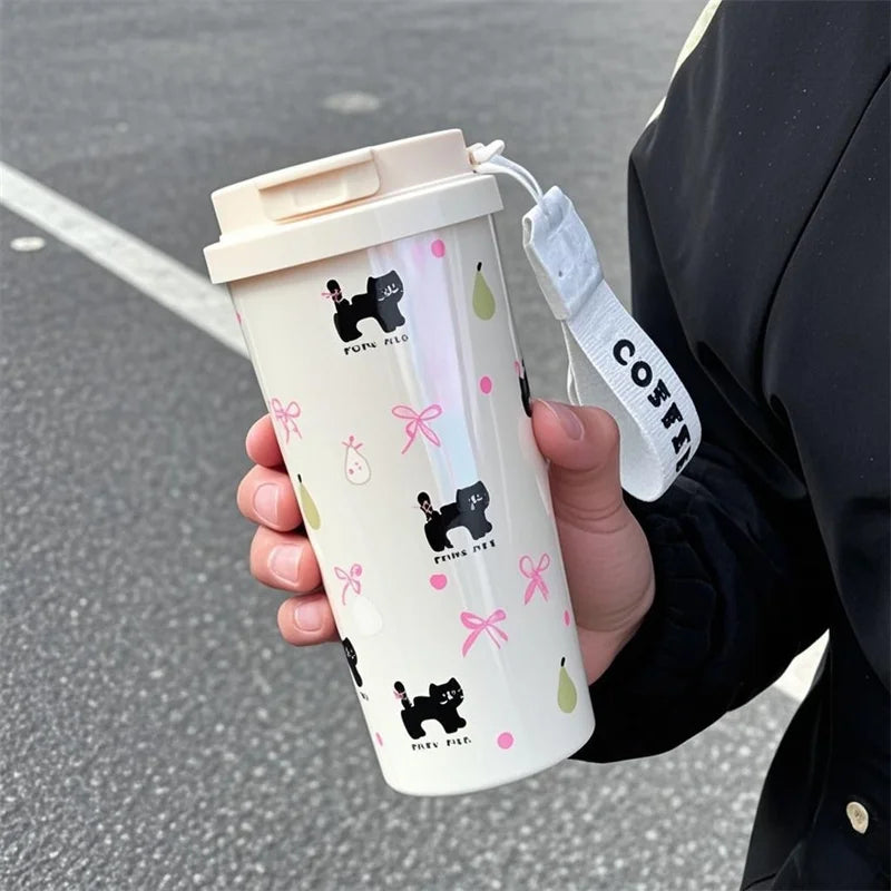Floral Kitten Design Dual-drink Vacuum Insulated Cup Portable 316 Qme 550ml White 550ml