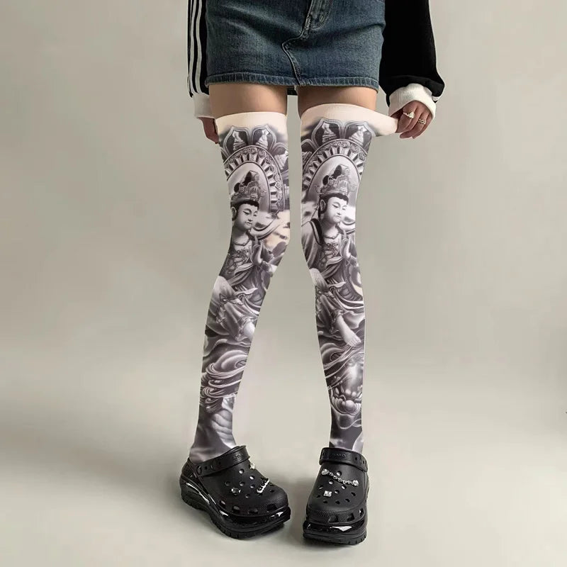 Sexy Long Tube Thigh-high Stockings Imitation Tattoo Pattern Velvet Qme