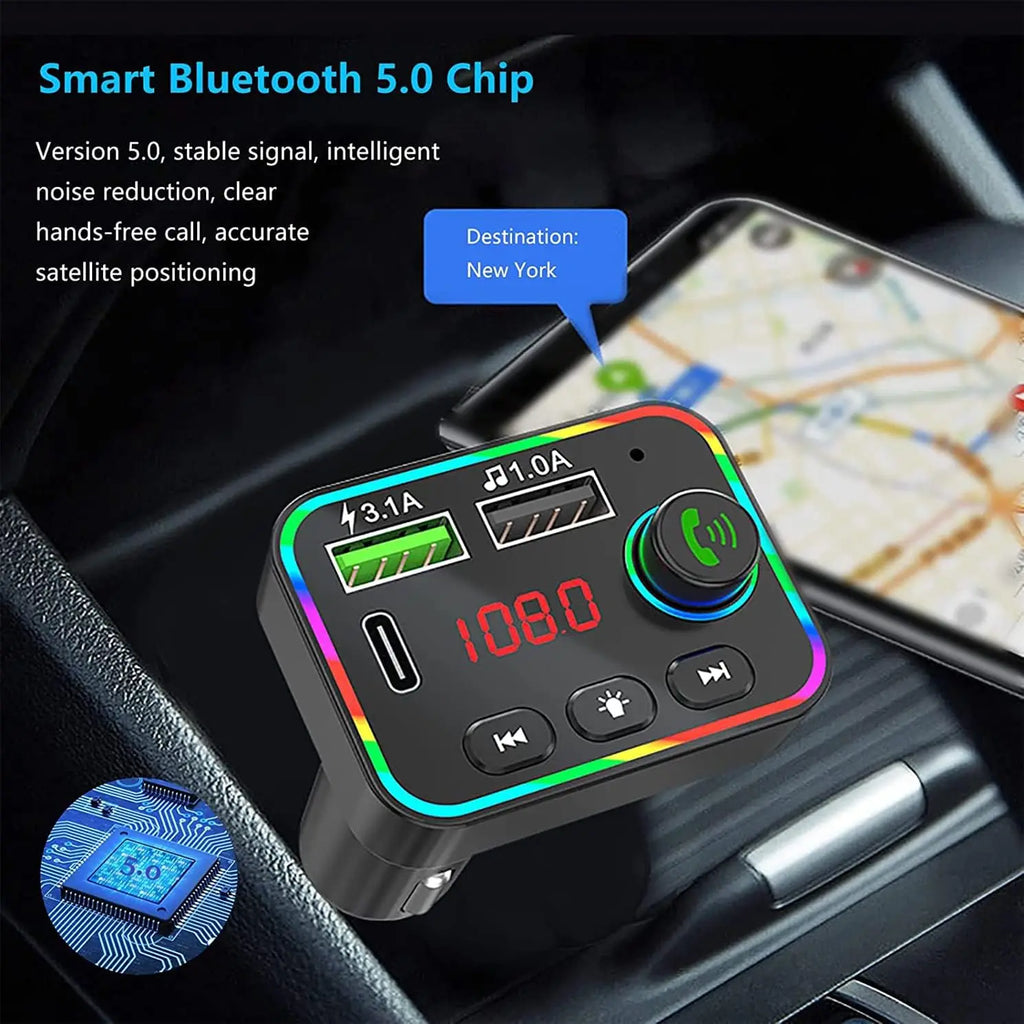 Bluetooth FM Transmitter for Car, Bluetooth 5.0 Car Mp3 Player with Led Display,7 Color Backlit Dual USB Car Radio Adapter Qme