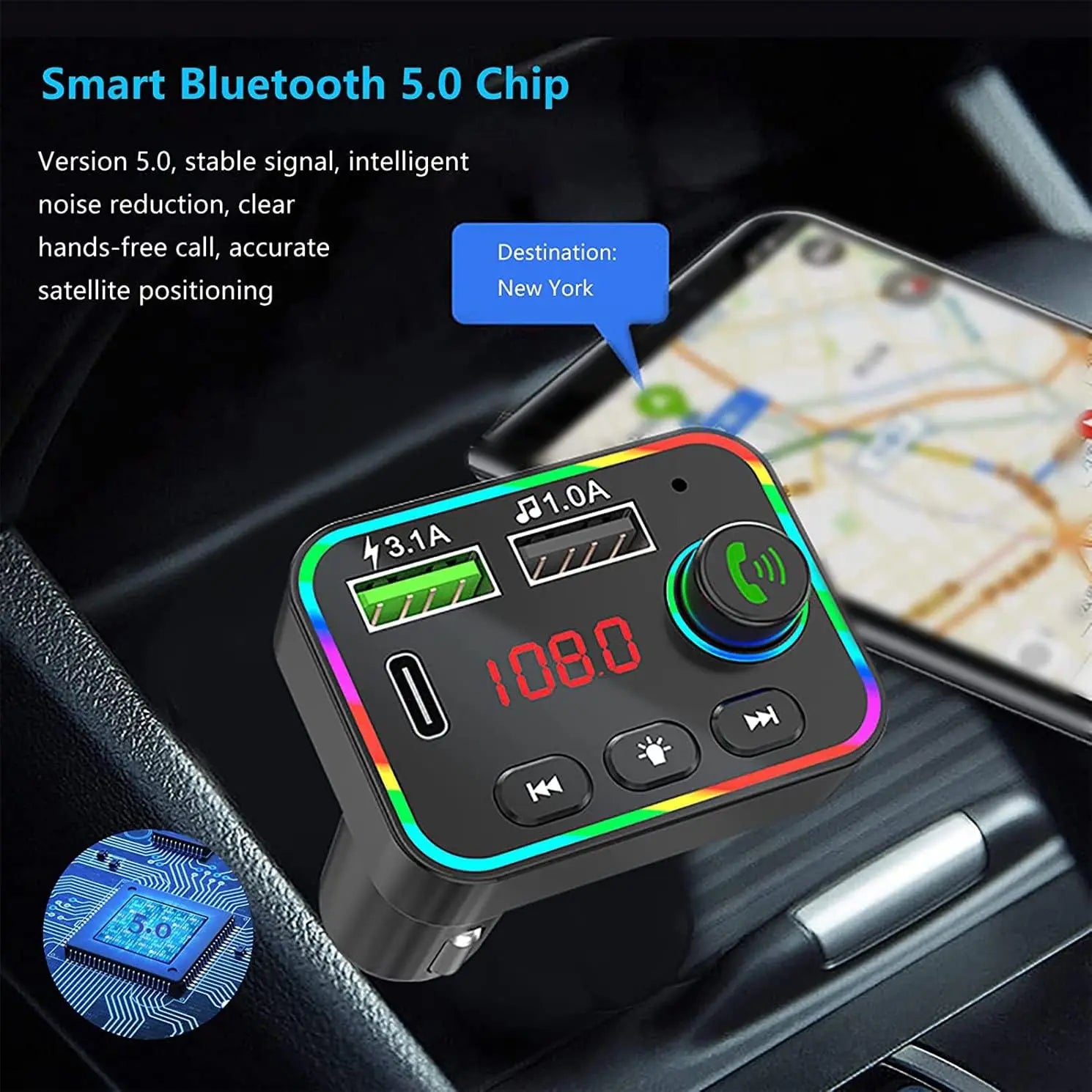 Bluetooth FM Transmitter for Car, Bluetooth 5.0 Car Mp3 Player with Led Display,7 Color Backlit Dual USB Car Radio Adapter Qme