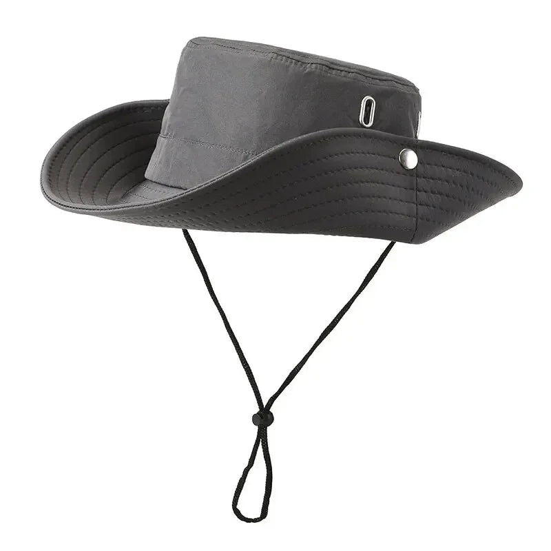 Windproof Men Outdoor Hat Wide Brim Flat Top Men Camping Hat Letter Print Anti-UV Strap Hollow Out Men Fisherman Hat Headwear Qme GY