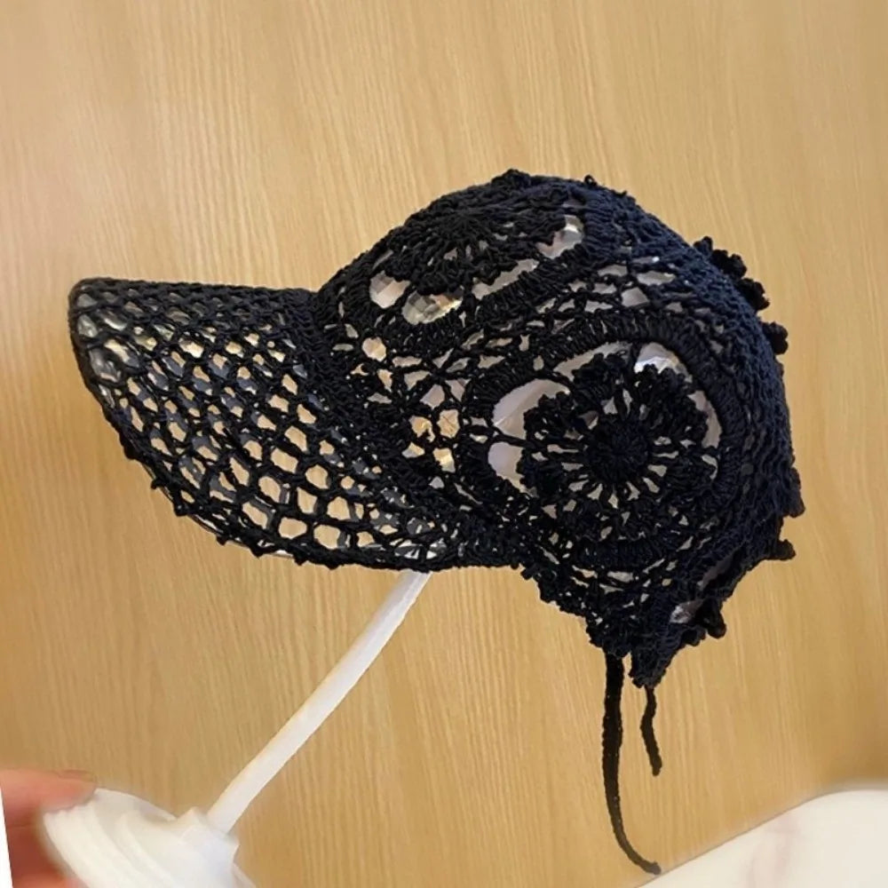 Versatile Adjustable Crochet Baseball Cap Floral Lace Openwork Sun Qme Black