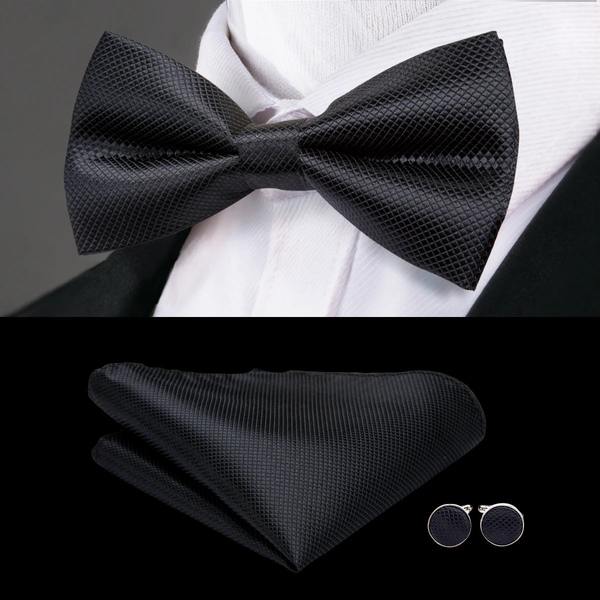 Hi-tie Grey Plaid Jacquard Pre-tied Mens Bow Tie Hanky Cufflinks Qme LH-0772)
