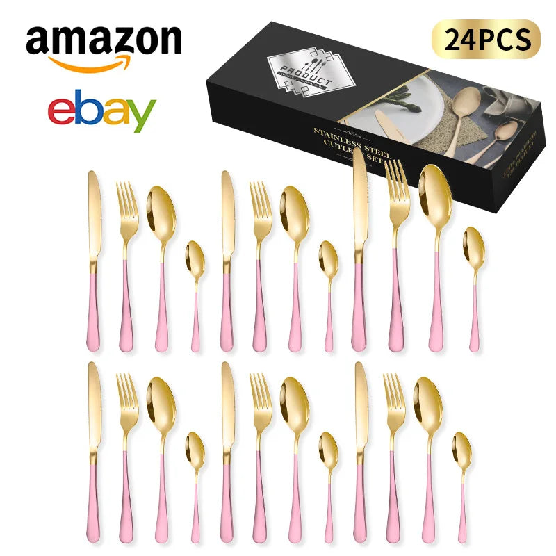 24-Piece Stainless Steel Tableware Set,Western Cutlery Steak Knife Fork Spoon, Gift Box Set for Home Restaurant Wedding Gift Qme A-24Pcs PinkGold