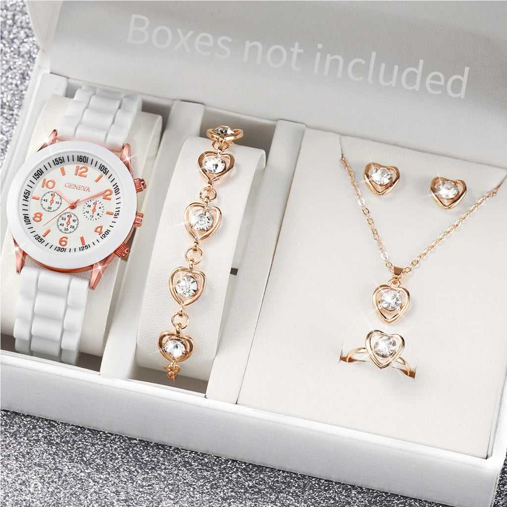 2026 Ladies' Korean version high-end fashion watch with simple classic faux leather strap watch set for women Qme White C No Box