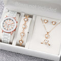 2026 Ladies' Korean version high-end fashion watch with simple classic faux leather strap watch set for women Qme White C No Box