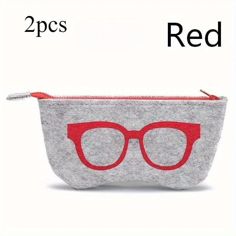 2PCS Soft Felt Eyeglasses Pouch with Zipper, Portable Sunglasses Storage Bag, Cute Glasses Print Protective Case for Men Women Qme Red 2pcs