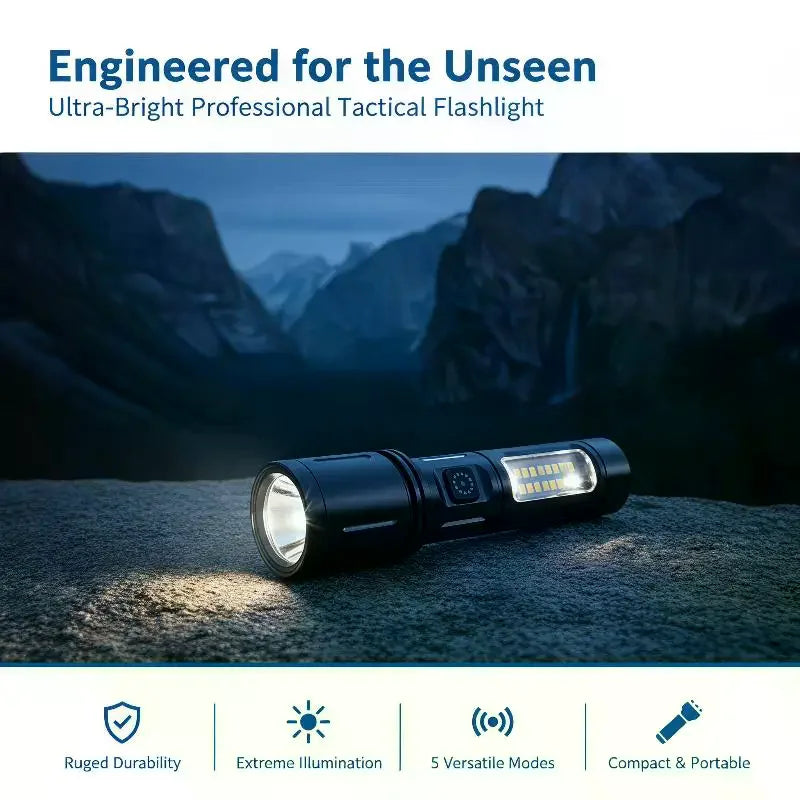LED+COB Portable Flashlight Zoomable Small Torch With Side Lights USB Rechargeable Outdoor Camping Fishing Emergency Lantern Qme