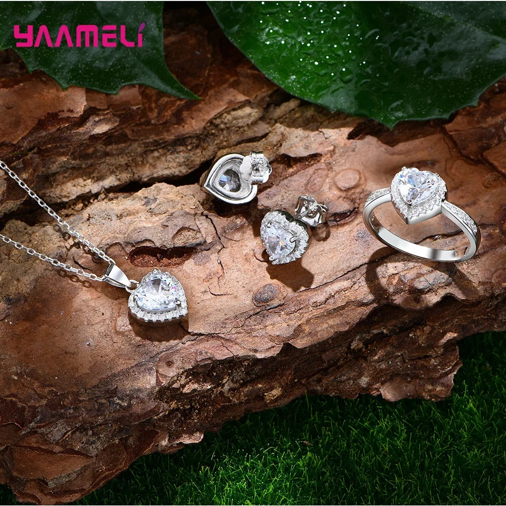Romatic Birthday Valentines Day Gift Luxury 925 Sterling Silver Color Jewelry Sets Cubic Zircon Heart Ring Necklace Earrings Qme