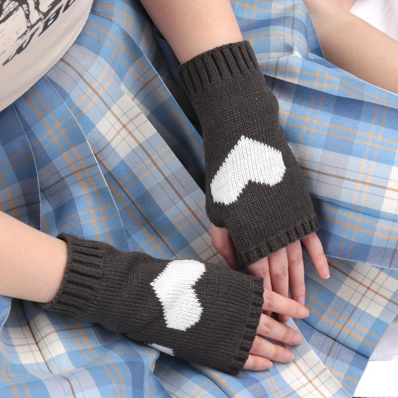 Women Gloves Stylish Hand Warmer Winter Glove Girls Arm Crochet Knitting Goth Lolita Heart Mitten Warm Fingerless Cosplay Gloves Qme Dark Grey length-20cm