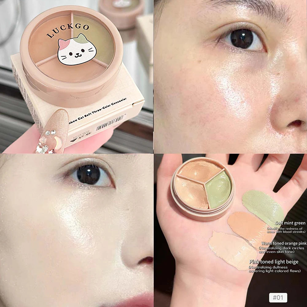 Olive Green 3-Color Concealer Palette Full Coverage Dark Circles Fine Lines Redness Cream Matte Brightening Under-Eye Makeup Qme 01